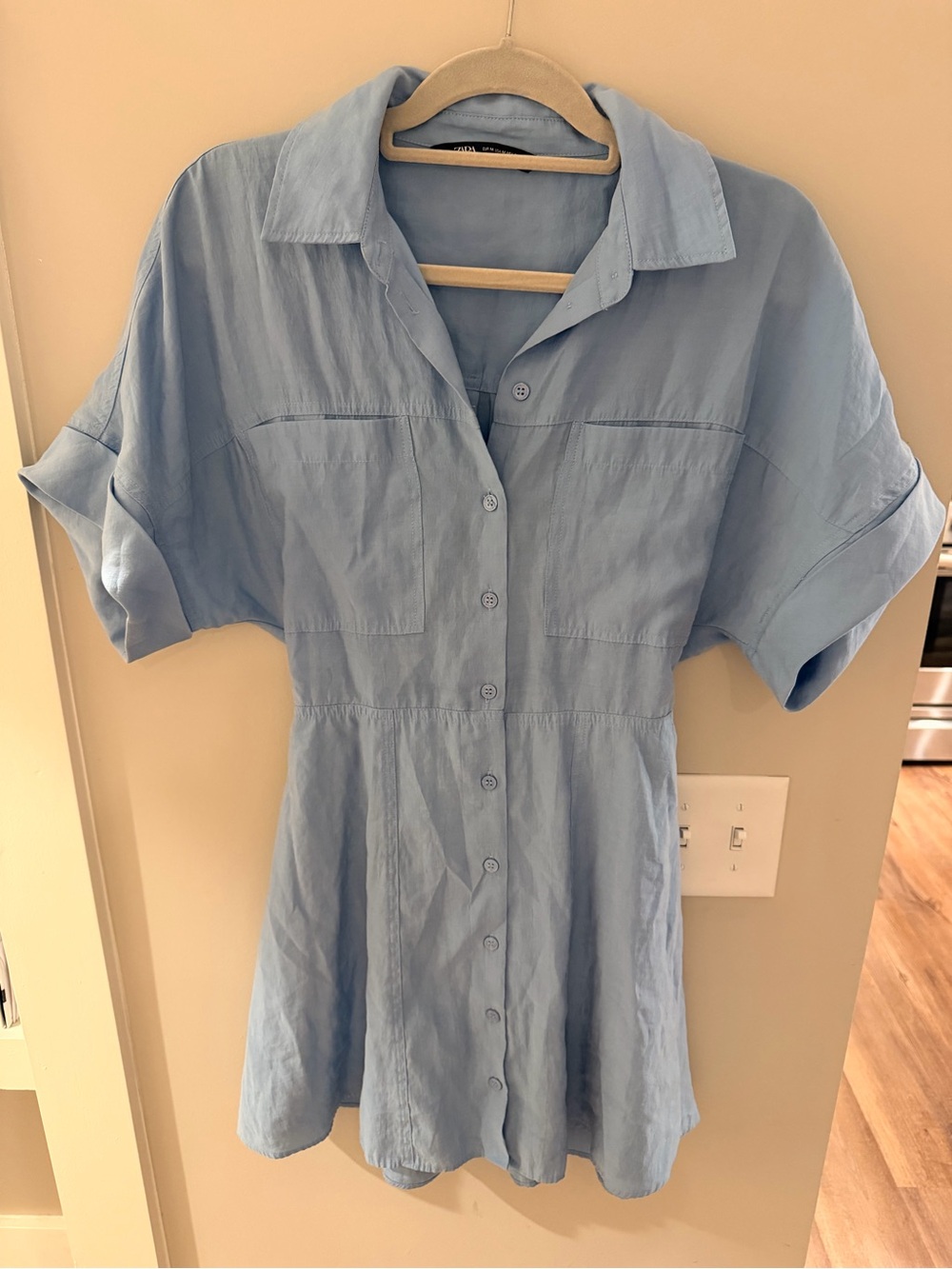 Zara Sky Blue Button-Front Short Sleeve Top